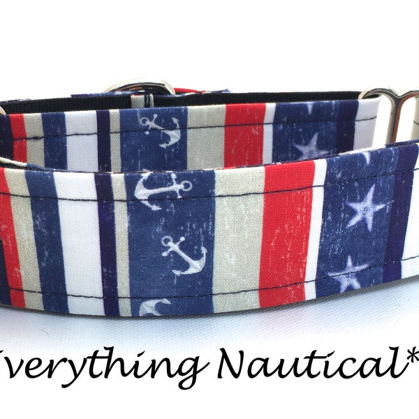 Martingale Dog Collar or Buckle Dog Collar or Buckle Mart or Chain Martingale, Red Blue Gray stripes nautical dog collar Everything Nautical