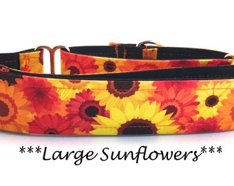 Martingale Dog Collar or Buckle Dog Collar or Buckle Mart or Chain Martingale, Yellow, Red, Orange, Brown,Flower, Large Sunflowers