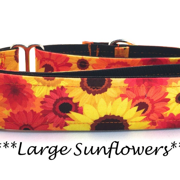 Martingale Dog Collar or Buckle Dog Collar or Buckle Mart or Chain Martingale, Yellow, Red, Orange, Brown,Flower, Large Sunflowers