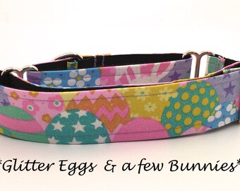 Easter Martingale Dog Collar or Easter Buckle Collar or Easter buckle Mart or Easter Egg Chain Martingale, Golden Easter Eggs a few Bunnies