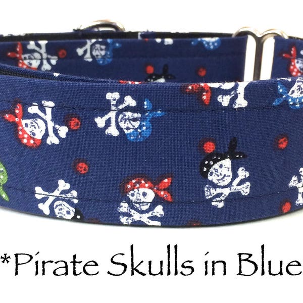 Skull Martingale Dog Collar or Pirate Skull Buckle Dog Collar or Pirate Skull Buckle Mart or Blue Skull Chain Mart,  Pirate Skulls - Blue