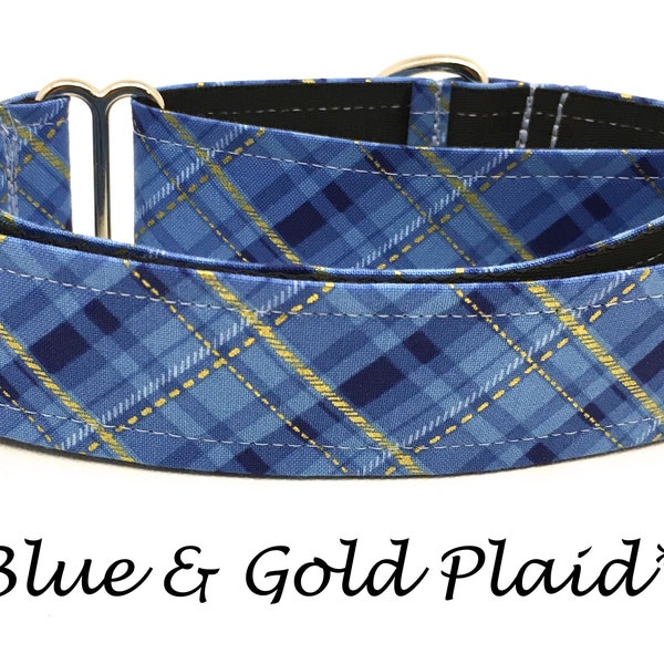 Martingale Dog Collar or Buckle Dog Collar or Buckle Mart or Chain Martingale, Navy, Light blue, gold plaid dog collar, Blue & Gold Plaid