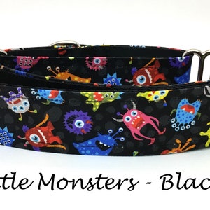 Martingale Dog Collar or Buckle Dog Collar or Buckle Mart or Chain Martingale, Monster Dog Collar - Little Monsters - Black