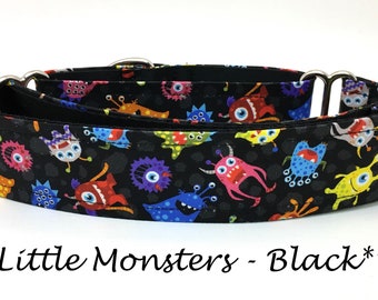 Martingale Dog Collar or Buckle Dog Collar or Buckle Mart or Chain Martingale, Monster Dog Collar - Little Monsters - Black