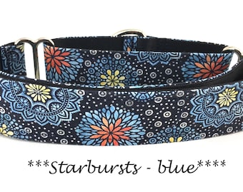 Martingale Dog Collar or Buckle Dog Collar or Buckle Mart or Chain Martingale, Geometric Bursts, Blue, Light blue, orange - Starburst Blue