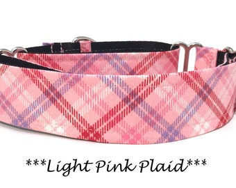 Martingale Dog Collar or Buckle Dog Collar or Buckle Mart or Chain Martingale, Plaid Dog Collar, Pink Purple, White -Light Pink  Plaid