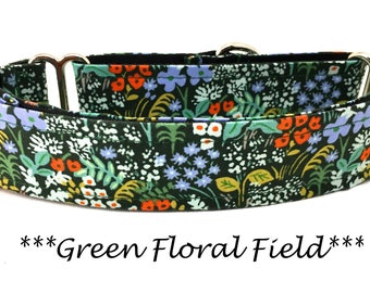 Martingale Dog Collar or Buckle Dog Collar or Buckle Mart or Chain Martingale, Green, Orange, Blue, Periwinkle, Floral, Green Floral Field