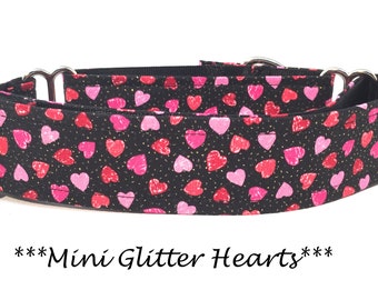 Martingale Dog Collar or Buckle Dog Collar or Buckle Mart or Chain Martingale, Valentines Day Dog Collar Red, Pink Heats-Mini Glitter Hearts