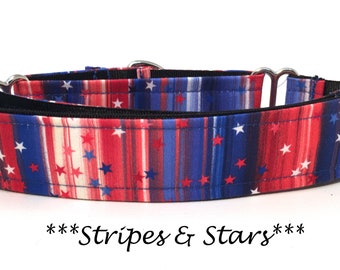 Star Martingale Dog Collar or Patriotic Buckle Dog Collar or Star Buckle Mart, or Patriotic Chain Martingale, Patriotic, Stripes and Stars