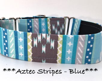 Stripe Martingale Dog Collar or Buckle Dog Collar or Buckle Mart or Chain Martingale, Blue, Gray, Aqua, Aztec Stripes - Blue