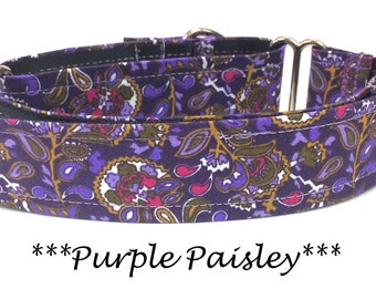 Martingale Dog Collar or Buckle Dog Collar or Buckle Mart or Chain Martingale, Purple  pink brown Paisley Dog Collar, Purple Paisley