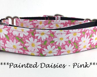 Martingale Dog Collar or Buckle Dog Collar or Bukle Mart, or Chain Martingale or Buckle Chain Martingale, Pink Collar, Painted Daisies Pink