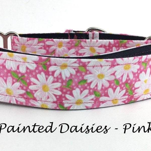Martingale Dog Collar or Buckle Dog Collar or Bukle Mart, or Chain Martingale or Buckle Chain Martingale, Pink Collar, Painted Daisies Pink