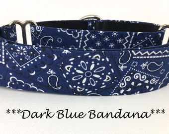 Dark Blue Bandana Martingale Dog Collar or Bandana Buckle Mart Collar or Dark Blue Bandana Dog Collar or Chain Martingale, Dark Blue Bandana