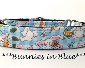 Easter Martingale Dog Collar or Easter Bunny Buckle Dog Collar or Easter Bunny buckle Mart or Easter Chain Martingale- Bunnies in Blue