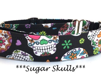 Skull Martingale Dog Collar or Sugar Skull Buckle Dog Collar or Skull Buckle Mart or Sugar Skull Chain Martingale - Sugar Skulls