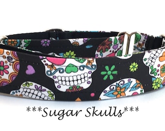 Skull Martingale Dog Collar or Sugar Skull Buckle Dog Collar or Skull Buckle Mart or Sugar Skull Chain Martingale - Sugar Skulls