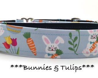 Easter Bunny Martingale Dog Collar or Buckle Dog Collar or Buckle Mart or Chain Martingale, Bunnies & Tulips