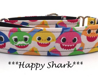 Martingale Dog Collar or Buckle Dog Collar or Buckle Mart or Chain Martingale, Sharks, Green, blue, yellow, pink, red - Happy Shark