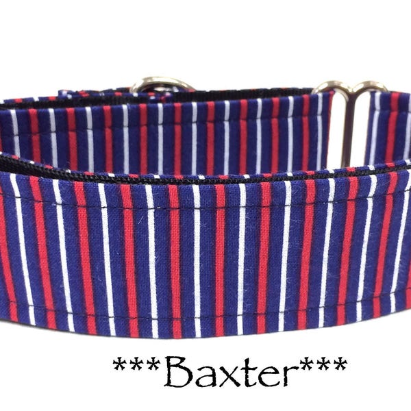 Martingale Dog Collar or Buckle Dog Collar or Buckle Mart or Chain Martingale Dog Collar, Red, White, Blue Stripes, Preppy, Boyish, Baxter