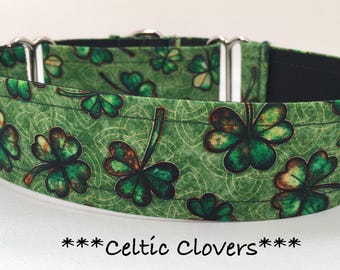 Clover Martingale Dog Collar or Buckle Dog Collar or Buckle Mart or Chain Martingale, Shamrock,  Green Clover, Celtic Clovers - Green