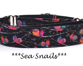 Martingale Dog Collar or Buckle Dog Collar or Buckle Mart or Chain Martingale, Pink, Orange, Blue, Black, Happy Sea Snails