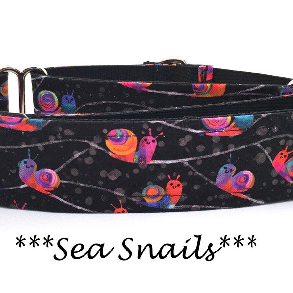 Martingale Dog Collar or Buckle Dog Collar or Buckle Mart or Chain Martingale, Pink, Orange, Blue, Black, Happy Sea Snails