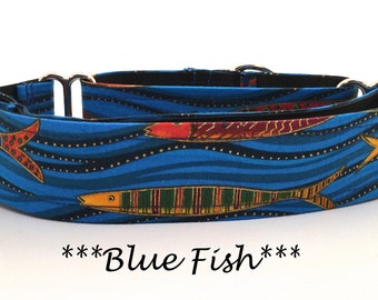 Martingale Dog Collar or Buckle Dog Collar or Buckle Mart or Chain Martingale, Colorful Fish Dog Collar, Blue Fish