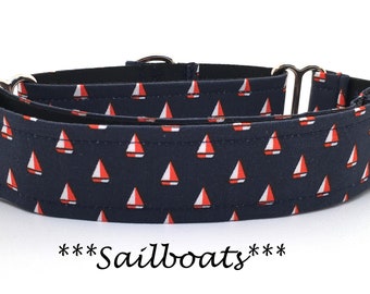 Martingale Dog Collar or Buckle Dog Collar or Buckle Mart or Chain Martingale, Nautical Dog Collar Boat Dog Collar Blue Orange-Red Sailboats