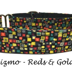 Martingale Dog Collar or Buckle Dog Collar or Buckle Mart or Chain Martingale, Squares, Gold Red, Green, Black, Modern Gizmo  Reds and Golds