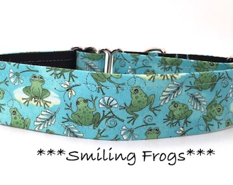 Frog Martingale Dog Collar or Buckle Dog Collar or Buckle Mart or Chain Martingale, Smiling Frogs