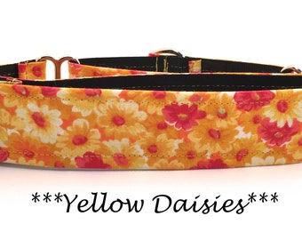 Martingale Dog Collar or Buckle Dog Collar or Buckle Mart or Chain Martingale, Floral Pink, Yellow, Orange - Yellow Daisies