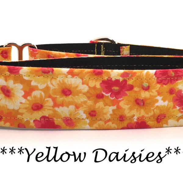 Martingale Dog Collar or Buckle Dog Collar or Buckle Mart or Chain Martingale, Floral Pink, Yellow, Orange - Yellow Daisies