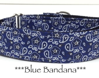 May include: Blue bandana patterned dog collar with silver hardware. ***Blue Bandana*** is printed on the collar.