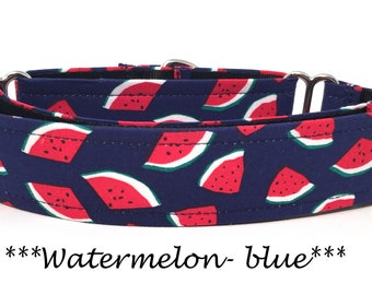Martingale Dog Collar or Buckle Dog Collar or Buckle Mart or Chain Martingale, Red White and Green watermelon slices, Watermelon Blue