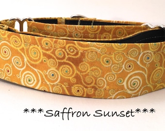 Martingale Dog Collar or Buckle Dog Collar or Buckle Mart or Chain Martingale, Yellow, Swirls, Dots of color, Saffron Sunset