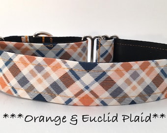 Plaid Martingale Dog Collar or Buckle Dog Collar or Buckle Mart or Chain Martingale or Plaid Dog Collar, Orange and Euclid Plaid