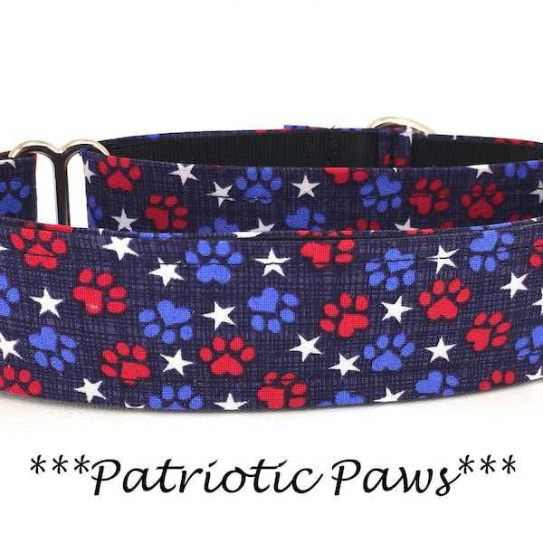 Paw Martingale Dog Collar or Patriotic Paws Buckle Collar or Star Buckle Mart Collar, Blue and Red Paw Chain Martingale - Patriotic Paws