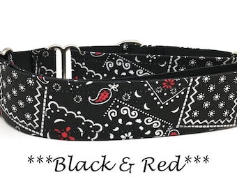 Martingale Dog Collar, Black Bandana Buckle Dog Collar, Black Bandana Martingale Dog Collar, Black and Red Bandana