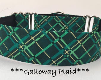 Galloway Plaid Martingale Dog Collar or Buckle Dog Collar or Buckle Mart or Chain Martingale, Green, Yellow-gold, Galloway Plaid