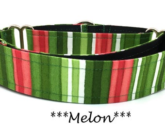 Martingale Dog Collar or Buckle Dog Collar or Buckle Mart or Chain Martingale, Pink and green striped Dog Collar,  Melon