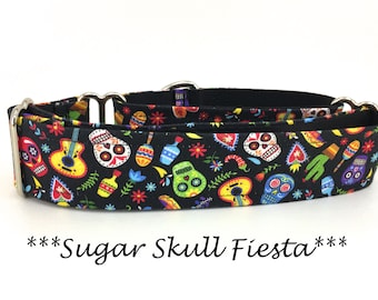 Skull Martingale Dog Collar or Sugar Skull Buckle Dog Collar or Sugar Skull Buckle Mart or Skull Chain Mart Dog Collar, Sugar Skull Fiesta