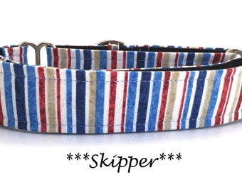 Martingale Dog Collar or Buckle Dog Collar or Buckle Mart or Chain Martingale, Tan, Red, Navy, White Striped Nautical Dog Collar- Skipper