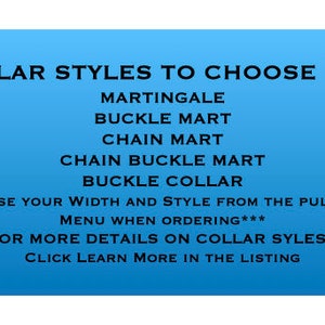Peut inclure: Un graphique bleu avec du texte blanc listant 5 styles de colliers pour un harnais de chien&nbsp;: Martingale, Buckle Mart, Chain Mart, Chain Buckle Mart et Buckle Collar. Le texte indique &eacute;galement de choisir la largeur et le style dans le menu d&eacute;roulant lors de la commande et de cliquer sur &laquo;&nbsp;En savoir plus&nbsp;&raquo; dans la liste pour plus de d&eacute;tails sur les styles de colliers.