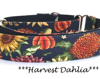 Martingale Dog Collar or Buckle Dog Collar or Buckle Mart or Chain Martingale, Teal, Green, Pink, Orange, Yellow Sunflowers - Harvest Dahlia
