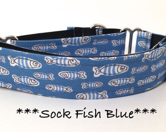 Martingale Dog Collar or Buckle Dog Collar or Buckle Mart or Chain Martingale, Fish, blue fish, Sock Fish blue
