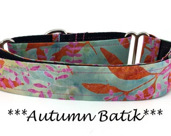 Martingale Dog Collar or Buckle Dog Collar or Buckle Mart or Chain Martingale, Orange, Green, Pink Batik Dog Collar, Autumn Batik