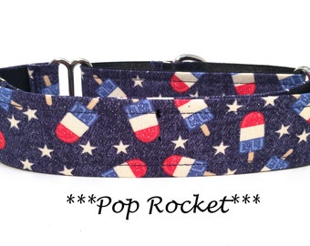 Martingale Dog Collar or Buckle Dog Collar or Buckle Mart or Chain Martingale, 4th of July Dog Collar, Summer Dog Collar, Pop Rocket