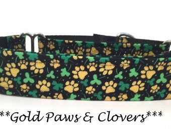 Martingale Dog Collar or Buckle Dog Collar or Buckle Mart or Chain Martingale, Shamrock,  Green Clover, Gold Paws and Green Clovers