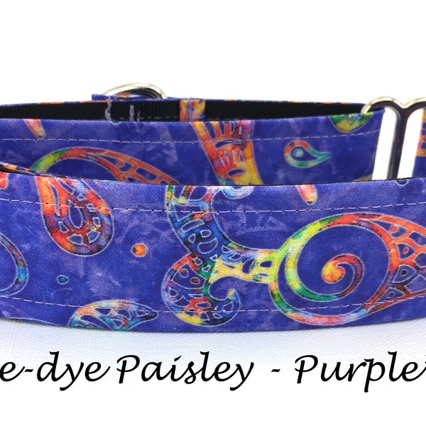 Martingale Dog Collar or Buckle Dog Collar or Buckle Mart or Chain Martingale, Purple, pink, yellow, green, orange- Tie-dye Paisley Purple